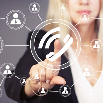 blonde woman in black jacket pressing on call symbol people icons communication voip services phonepower mobile app cost